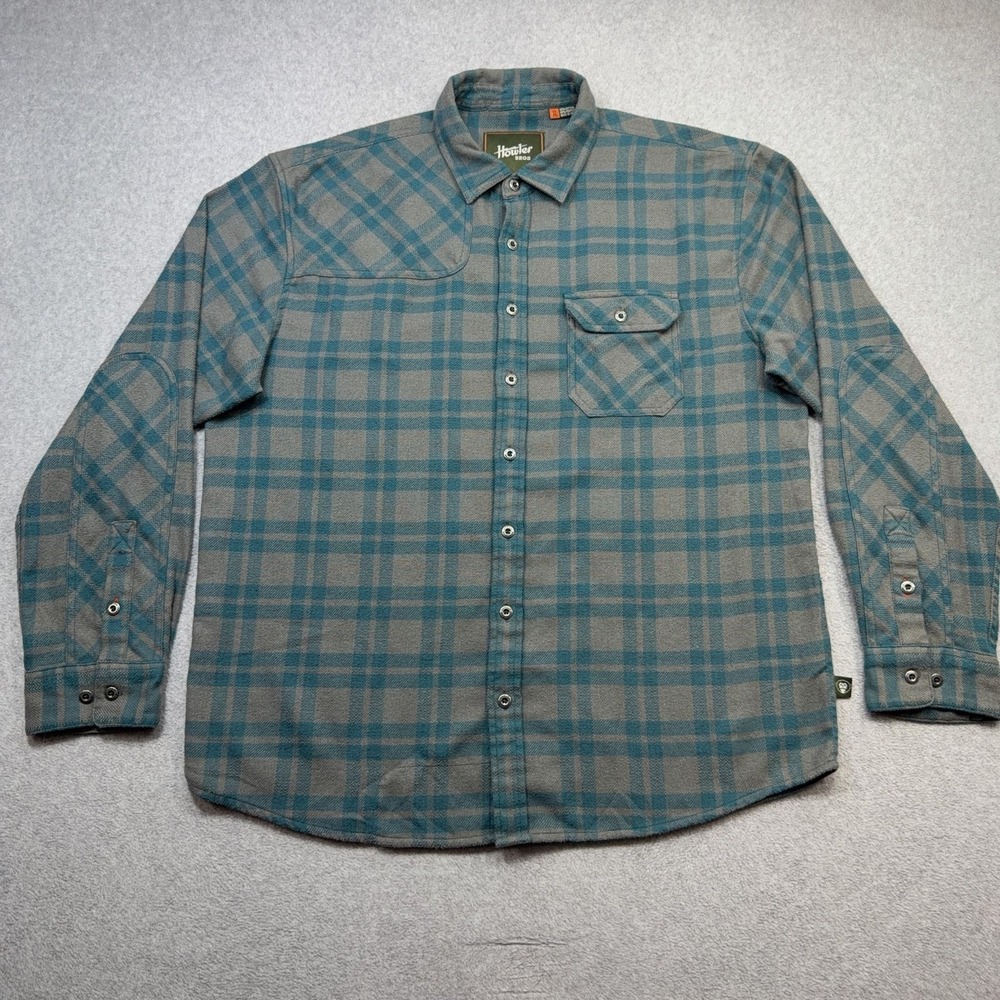 Howler Bros Flannel Shirt Mens XL Blue Gray Plaid Shooting Patch Outdoor Casual